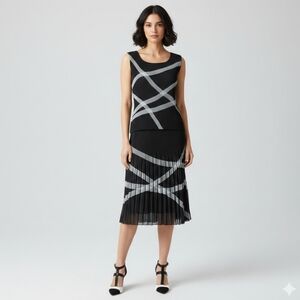 Veeca Black Plissé Pleated Skirt Set Medium Gray Abstract Geometric Avant Garde